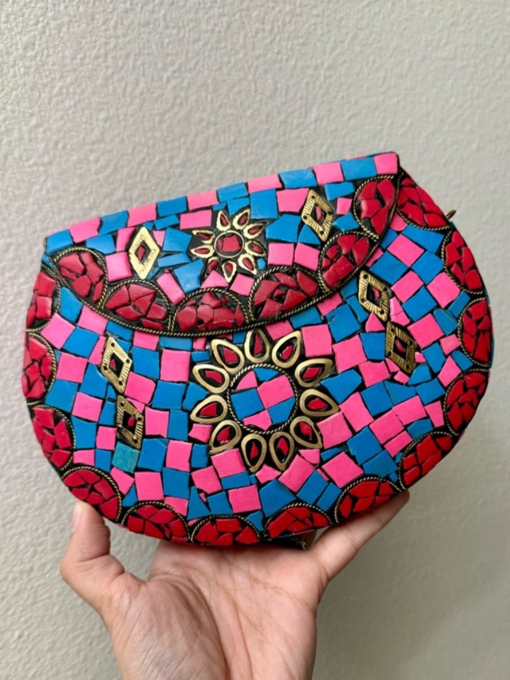 RAMLA Handcrafted Pink & Blue Mosaic Clutch Crossbody Bag